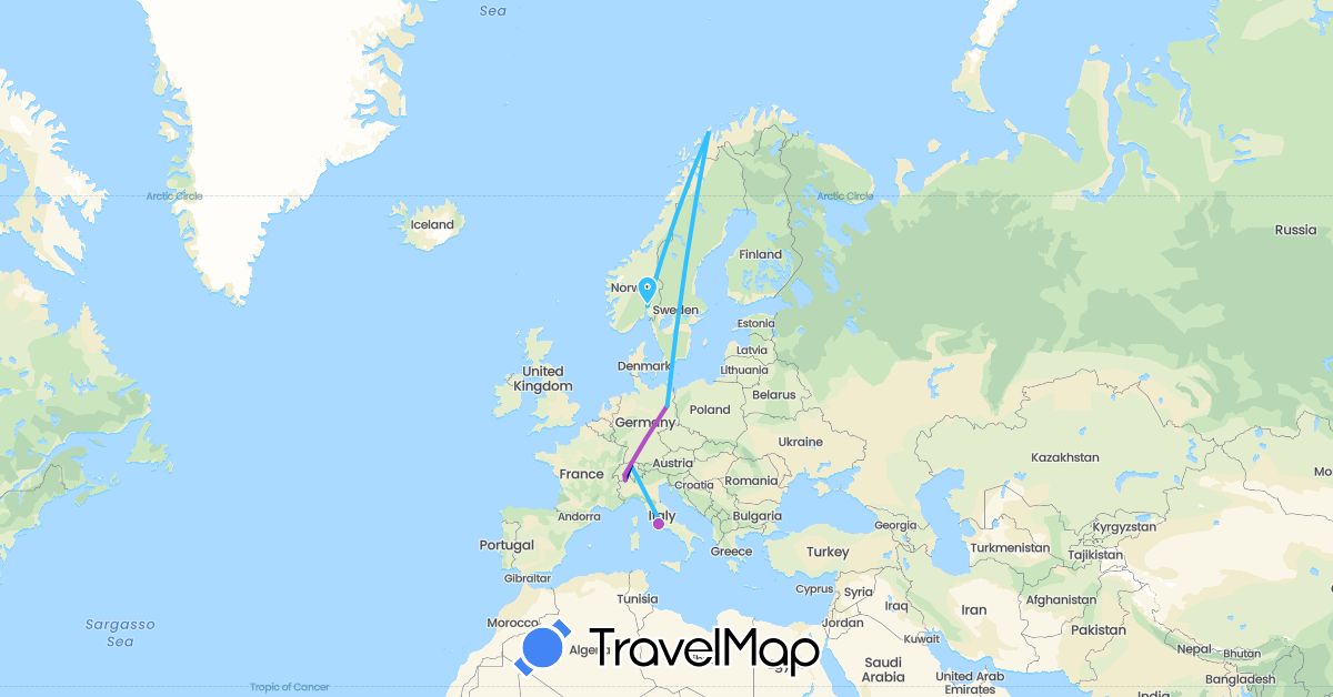 TravelMap itinerary: driving, train, boat in Switzerland, Germany, Italy, Norway (Europe)